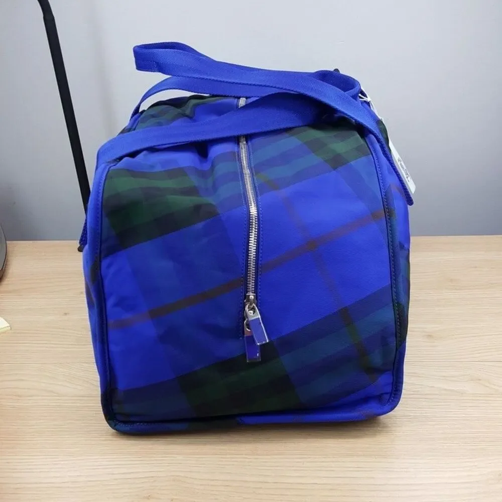 BURBERRY Duffle Bag Blue Nylon Shield Check Plaid Authentic Unisex $2050